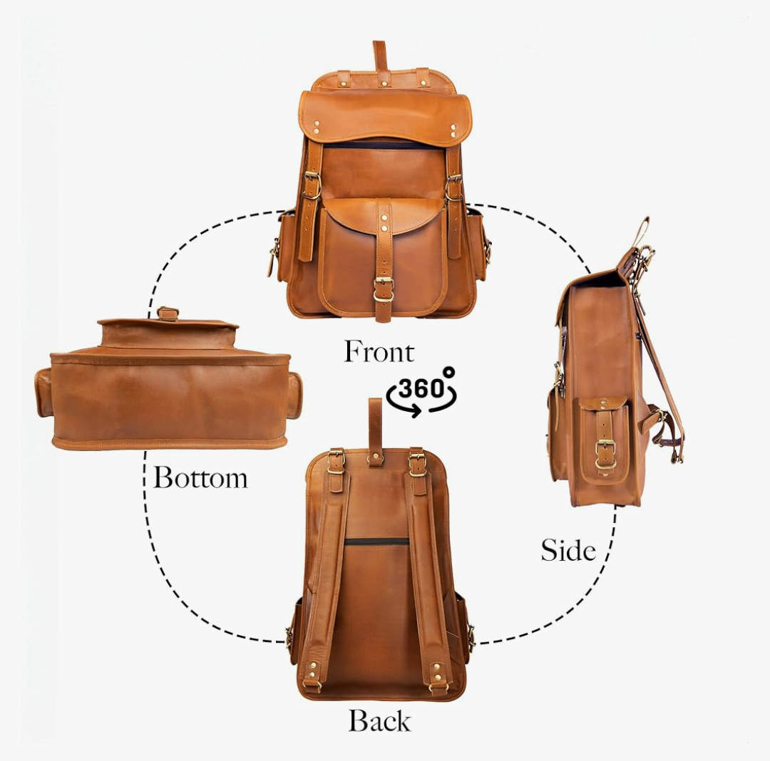 Satchel And Fable Vintage Full Grain 21 Inch Leather Laptop Large Backpack Casual Bookbag Daypack Camping Travel Rucksack Knapsack, Large