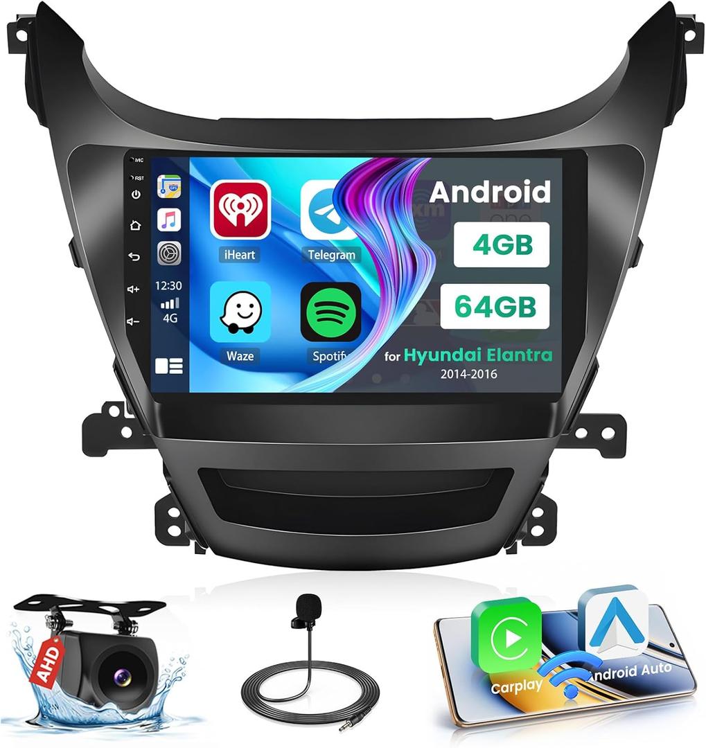 [8-Core 4+64G] for Hyundai Elantra 2014-2016 Radio Android 15 Car Stereo, Hikity 9 Inch IPS Touchscreen Radio Wireless Apple Carplay Android Auto, Bluetooth GPS 5GWiFi EQ/DSP FM/RDS SWC Backup Cam