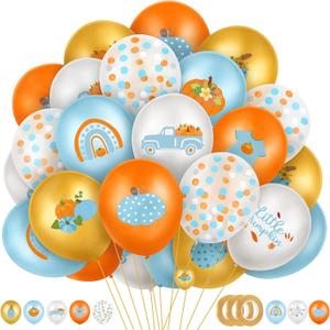 100 Pcs 12 Inches Little Pumpkin Baby Shower Balloons, a Little Pumpkin Is on The Way Fall Balloons Orange Blue Maple Leaf Balloon Garland with Confetti for Birthday Party Thanksgiving Decorations