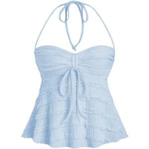 SOLY HUX Women's Peplum Halter Crop Tops Y2K Drawstring Tie Ruched Dressy Casual Spaghetti Strap Cami Top Large, Solid Blue