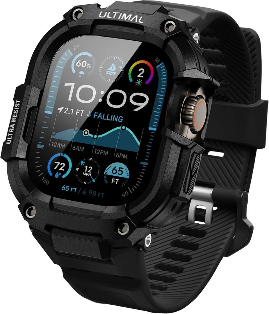 ULTIMAL Bands Case Compatible with Apple Watch Ultra 2/1 49mm for Men, Rugged Sports Band with Tough Shockproof Bumper Case, Heavy Duty Replacement Band (For 49mm, Black/Black)