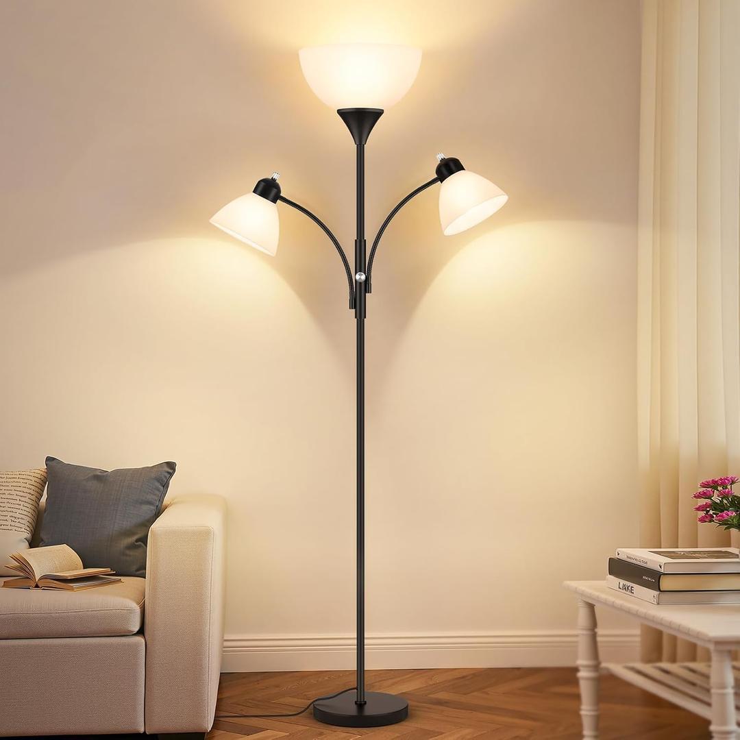 Coucrek Floor Lamp for Living Room,72" Dimmable Torchiere Lamp with 2 Reading Lights for Bedroom, Black Tall Standing Room Lamp, 3 Bulbs Included