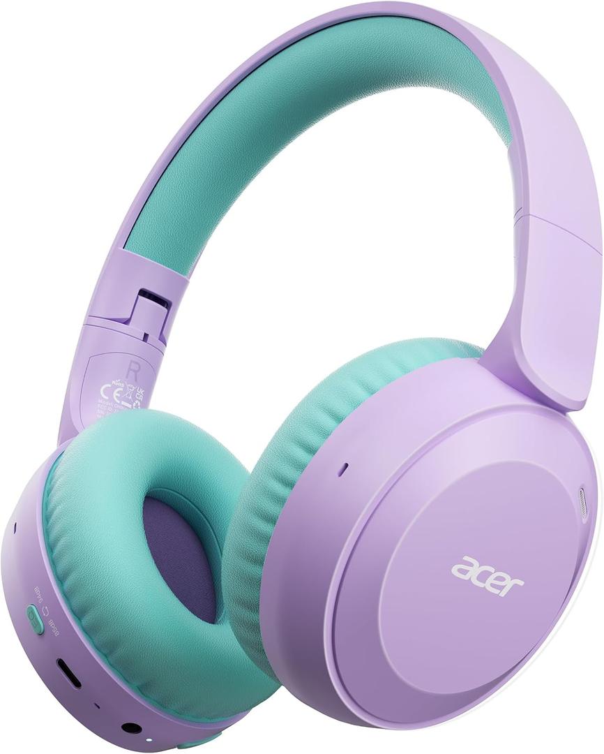 acer Kids Bluetooth Headphones, 85/94dB Volume Limiter, Foldable Wireless Over-Ear Headphones for iPad, Travel, 60H Playtime, Bluetooth 6.0, Built-in Mic, Purple Green, OHR668