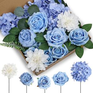 80Pcs Artificial Flowers Combo Set, Fake Silk Flowers Decor with Stems for DIY Roses Wedding Party Centerpieces Bridal Bouquets Cake Decorations Arrangements Indoor Outdoor(Blue)