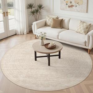 8ft Round Rug Living Room: Washable Large Vintage Neutral Area Rug Non-Slip Soft Stain Resistant Indoor Carpet for Bedroom Nursery Dining Room Under Table Bed Home House Office Playroom - Beige