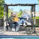 Pamapic 3-Seat Porch Swing with Stand, 990 LBS 2 in 1 Convertible Bed Patio Swings with Canopy Adjustable, Wicker Side Panel Swing Chair Outdoor with Cushion for Backyard, Porch, Garden (Gray)