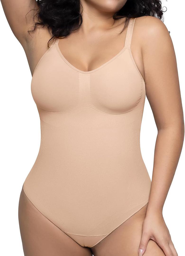 PUMIEY Shapewear Bodysuit for Women Tummy Control V-Neck With Open Gusset Hourglass Collection (M)