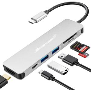 Hiearcool USB C Hub Multi-Port Adapter, 7-in-1 USB-C Dongle with 4K HDMI 100W PD SD/TF Card Reader, USBC Dock Compatible for MacBook Pro/Air Dell XPS Lenovo HP and Other Windows Laptops-Sliver White