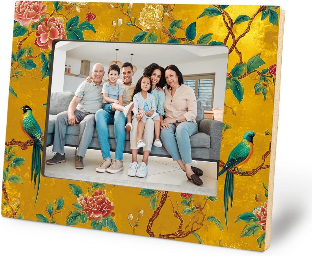 Gold Chinoiserie Floral Bird Picture Frame 5x7, Vintage Oriental Floral Photo Frame, Cottagecore Botanical Flower Wall and Tabletop Display Picture Photo Frames for Home Bedroom Decor