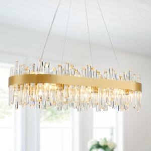 WUZUPS 16-Light Crystal Oval Oval Chandelier Pendant Ceiling Light Modern Lighting Fixture Dangling Rod Design for Bedroom Hallway Bar Kitchen Bathroom, H 9.6" L 35.4" W15.1, E12 Base, Gold