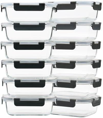 GULFLIN 12 Pack 22oz Glass Meal Prep Containers, Food Storage Containers with Lids, Air-Tight, Leak-Resistant, Freezer to Microwave Safe - Grey Set