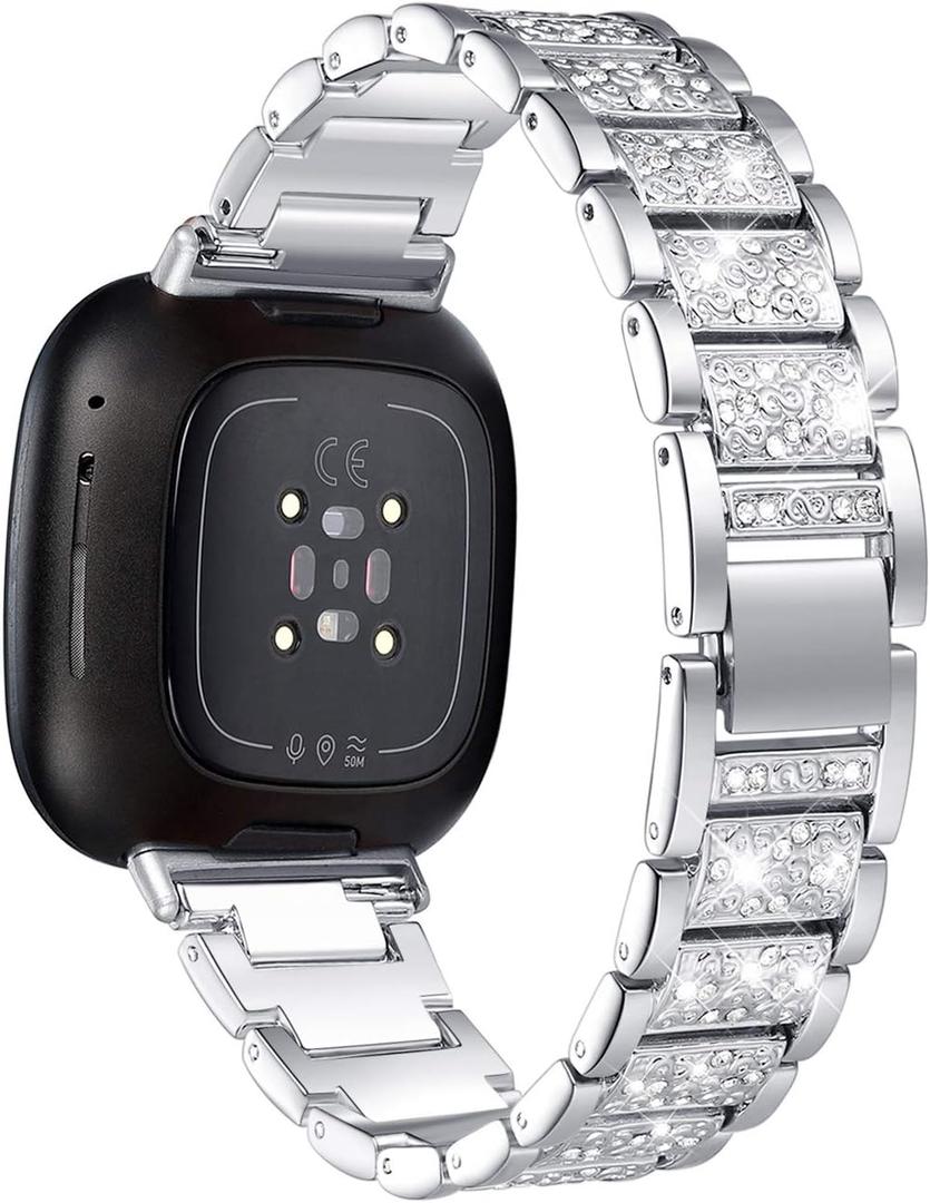 Bling Bands Compatible with fitbit Sense 2/Sense/Versa 4/Versa 3, Women Replacement Wristbands Dressy Luxurious Bracelet for Ladies (Silver)