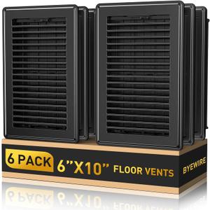 Floor Register Fit 6x10 Inch/10x6 Inch Duct Opening, Heavy Duty Steel Walkable Vent Covers for Home Floor, Adjustable Quiet Airflow Vent Grill, Rust-Proof Black Air Register Vent Cover 6-Pack