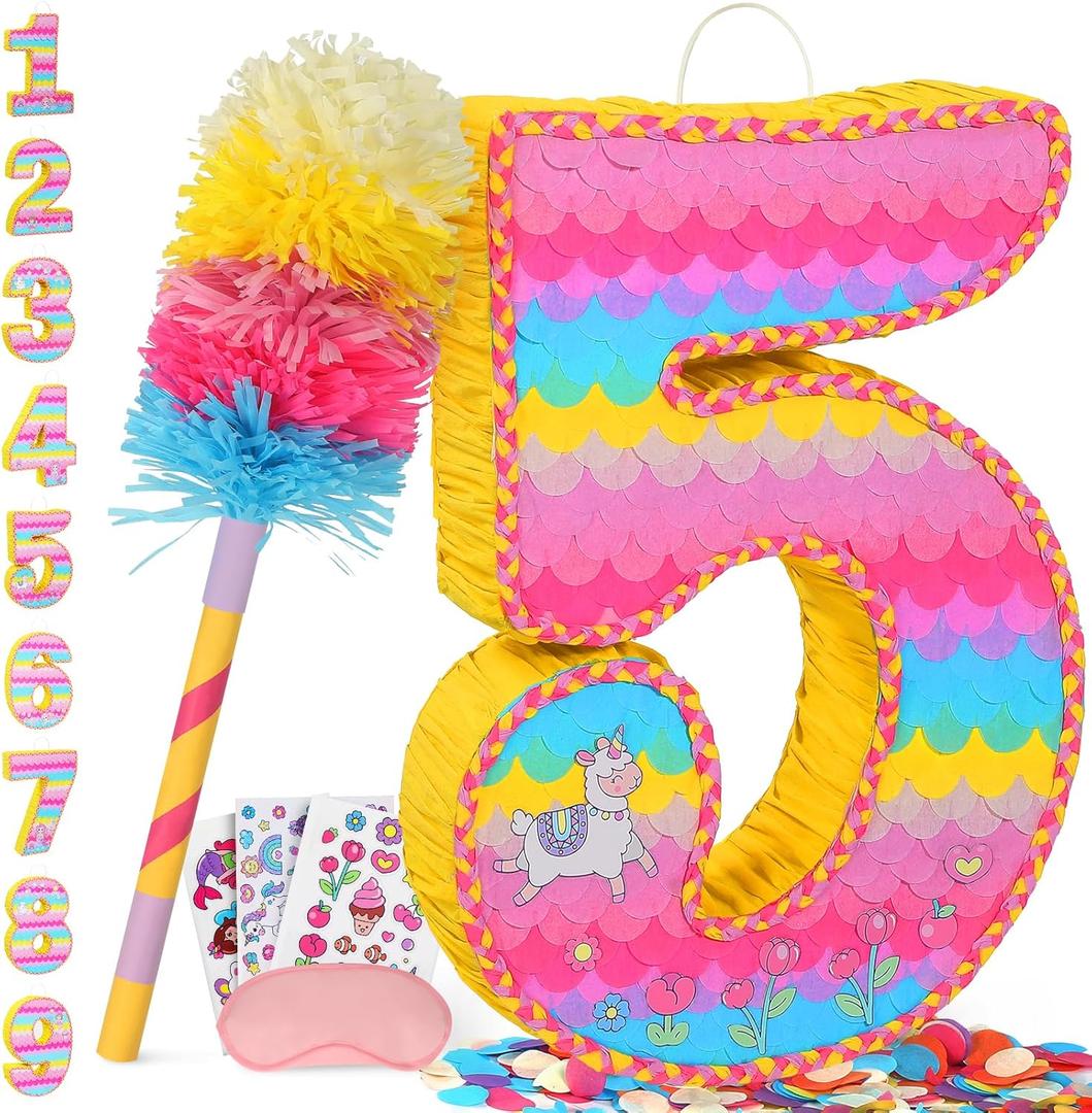Number 5 Pinata for Birthday Party Decorations, Unicorn Mermaid Theme Pink Piata Games Toy (5th)