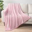 PAVILIA Fleece Throw Blanket for Couch with Pom Pom Fringe, Light Pink, Soft Cozy Fuzzy Flannel Blanket for Sofa Bed, Lightweight Plush All Season Throw, 50x60 Inches (50"x60")