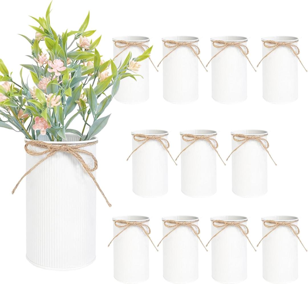 6" High Farmhouse Vases for Centerpiece, Rustic Mason Jars with Twine Bow for Flowers, Vintage Galvanized Metal Vase Tin Bucket for Wedding Home Decor (White, 12Pcs)