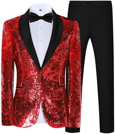 Elionm Mens Sequin Tuxedo 2 Piece Suit Set Slim Fit Prom Suits for Men Party Dress Suit Jacket and Pants, Size L