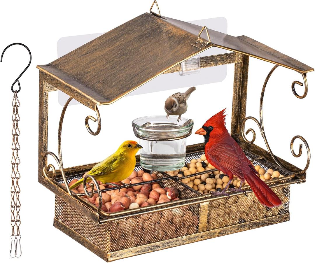 Window Bird Feeder for Outdoors | Glass Water Cup, Hook Chain Included, Attracts Wild Birds, Gift for Bird Lovers