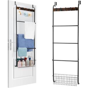 Over The Door Towel Racks for Bathroom,5-Tier Door Towel Holder with Hooks and Basket,Over The Door Towel Bar Hanger Organizer for Bathroom Bedroom Accessories, Blanket Ladder for Living Room Black