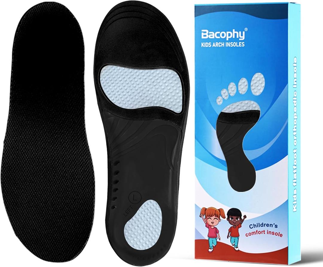 Bacophy Kids Orthotic Arch Support Insoles, Plantar Fasciitis Cushioning Shoe Inserts, Shock Absorption Velvet Surfaces Deep Heel Cup Chinldren Inner Soles for Flat Feet, Feet Heel Pain Relief (XL) (5-6.5 M Big Kid, Black)