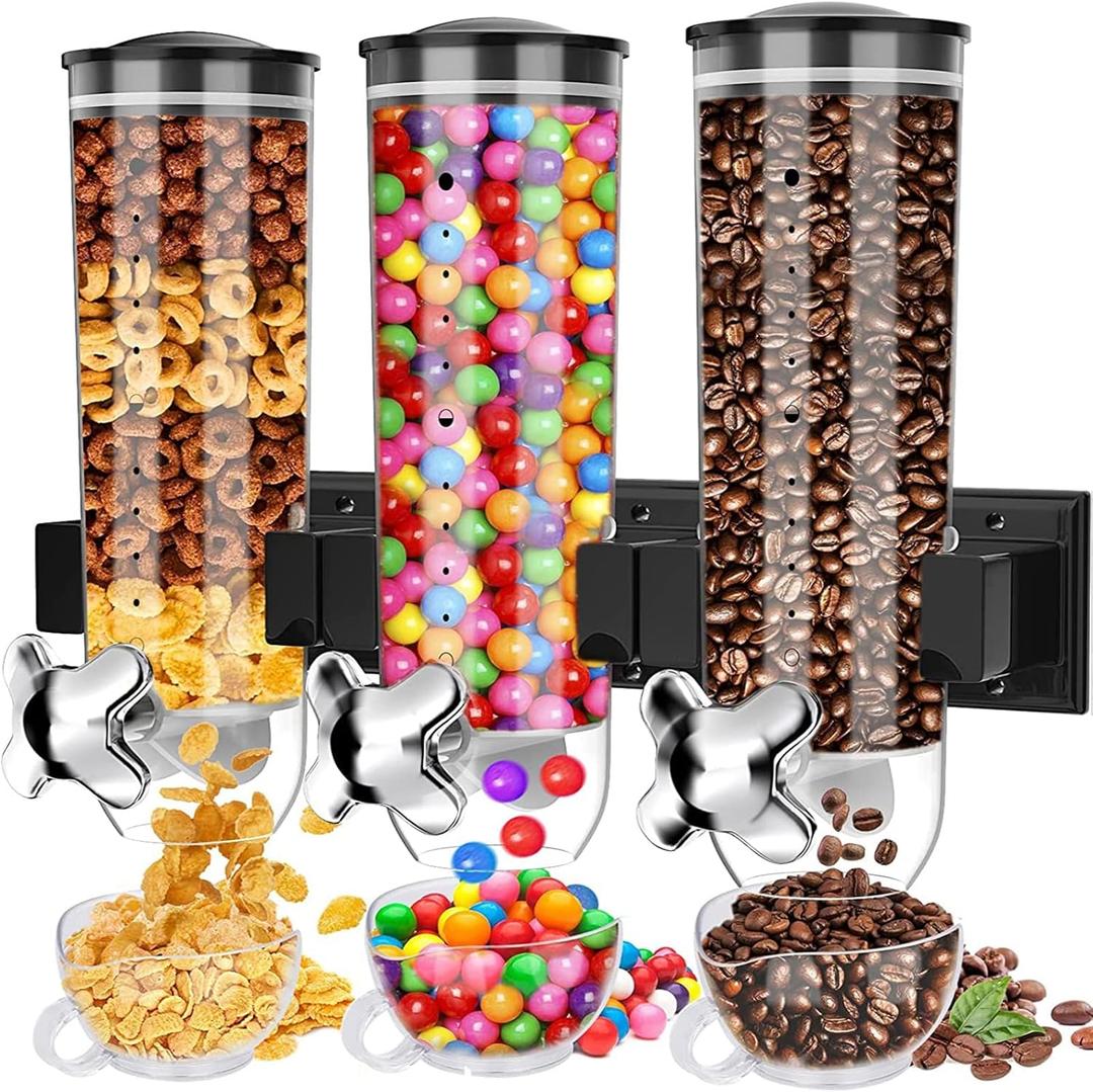 Wall Mounted Cereal Dispenser, Triple Dry Food Container With 3 Cups, 4.5L Grain and Candy Wall Mount for Store Oatmeal, Coffee Bean, Nuts, Snacks (Black)