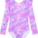 Long Sleeve Leotards for Girls with Ruffle 4D Stretch Ballet Dance Gymnastics Tumbling Wear Size 3-10T (7-8 Years, Purple Pink)