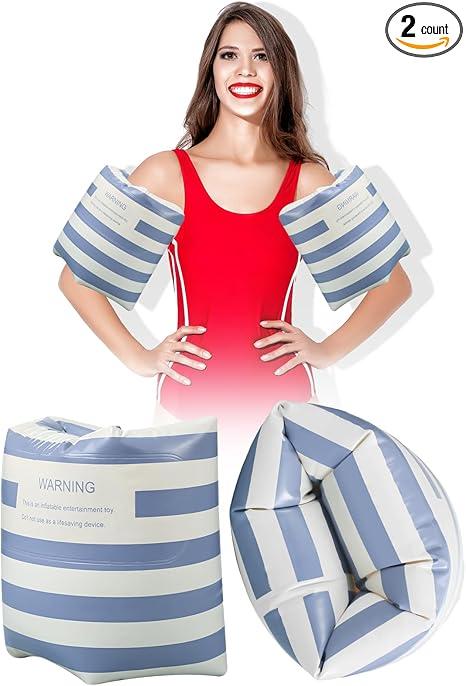 2 Pcs Arm Floaties PVC Inflatable Arm Band Striped Pool Floats Sleeves Swimming Arm Float Rings for Adult Girls and Boys Water Sports Learning Swim Training Summer Beach Party