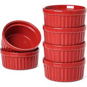 LE TAUCI Ramekins 4 OZ Oven Safe, Creme Brulee Ramekins, Pudding Custard Cups Souffle Ramiken, Dipping Sauce Dishes, Ceramic Ramekin Bowls Set of 6, True Red