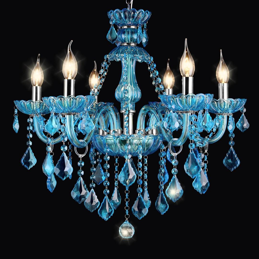 Bagood Blue K9 Crystal Candle Chandeliers Lighting Modern Pendant Lights 6 Lights Candle Chandelier Lighting Crystal Modern Chandelier for Dining Living Room Bedroom E12 Base H22 x W23.6 Inch