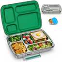 Stainless Steel Bento Lunch Box for Kids & Adults, 4 Compartment Kids Lunch Box, Metal Bento Box with Silicone Container and Stainless Steel Sauce Container,BPA-Free,School,Office(Green)