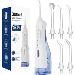 Water Flosser for Teeth Cleaning, Cordless Oral Irrigator with 4 Modes & 4 Jet Tips, Rechargeable IPX7 Waterproof Dental Flosser, 300ml/10oz Tank for Home and Travel White