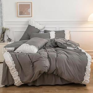Generic Gray, Twin XL, Quilt Set Queen Size, Simple Solid Color Cotton Quilt Bedding Set Bedspread Elegant lace Princess Style Sheet Set Include Comforter, Flat Sheet Pillowcase