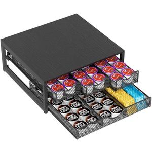 Coffee Pod Holder For Counter, 3 Pull-Out 72 K-Cup Holder Drawer, Wooden Cafe Pods Storage Organizer with Sliding Drawers for Coffee Station, Home, Kitchen, Office, Dorm (Black)