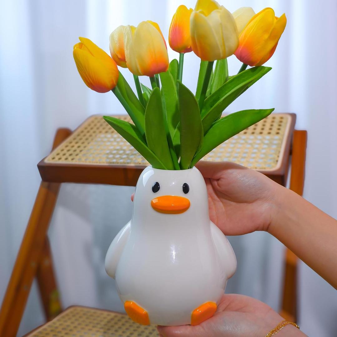 Mougigi Unique Duck Vase - Cute White Ceramic Handcrafted Piece with Round Modern Design, Funky Aesthetic Table Decor for Flowers/Accessories, Cool Animal Goose-Themed Art Vase Great for Decor Gifts
