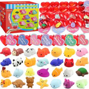 28 Pack Valentines Day Gifts for Kids, Animal Mochi Squishies Filled Heart-Shape Box and Greeting Cards Kawaii Squishies Stress Relief Fidget Toys for Classroom Exchange Gifts Party Favors Prizes