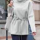 Fisoew Women's Turtleneck Sweatshirts Fleece Drawstring Waist Casual Long Sleeve Pullover Sweater Side Slit Tunic Tops (Grey)