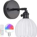 Shenmoyl Vintage Battery Operated Wall Sconce with White Tulip Glass Lampshade Rechargeable Battery Powered Black Wall Light with Remote Control for Bedside Bedroom Doorway