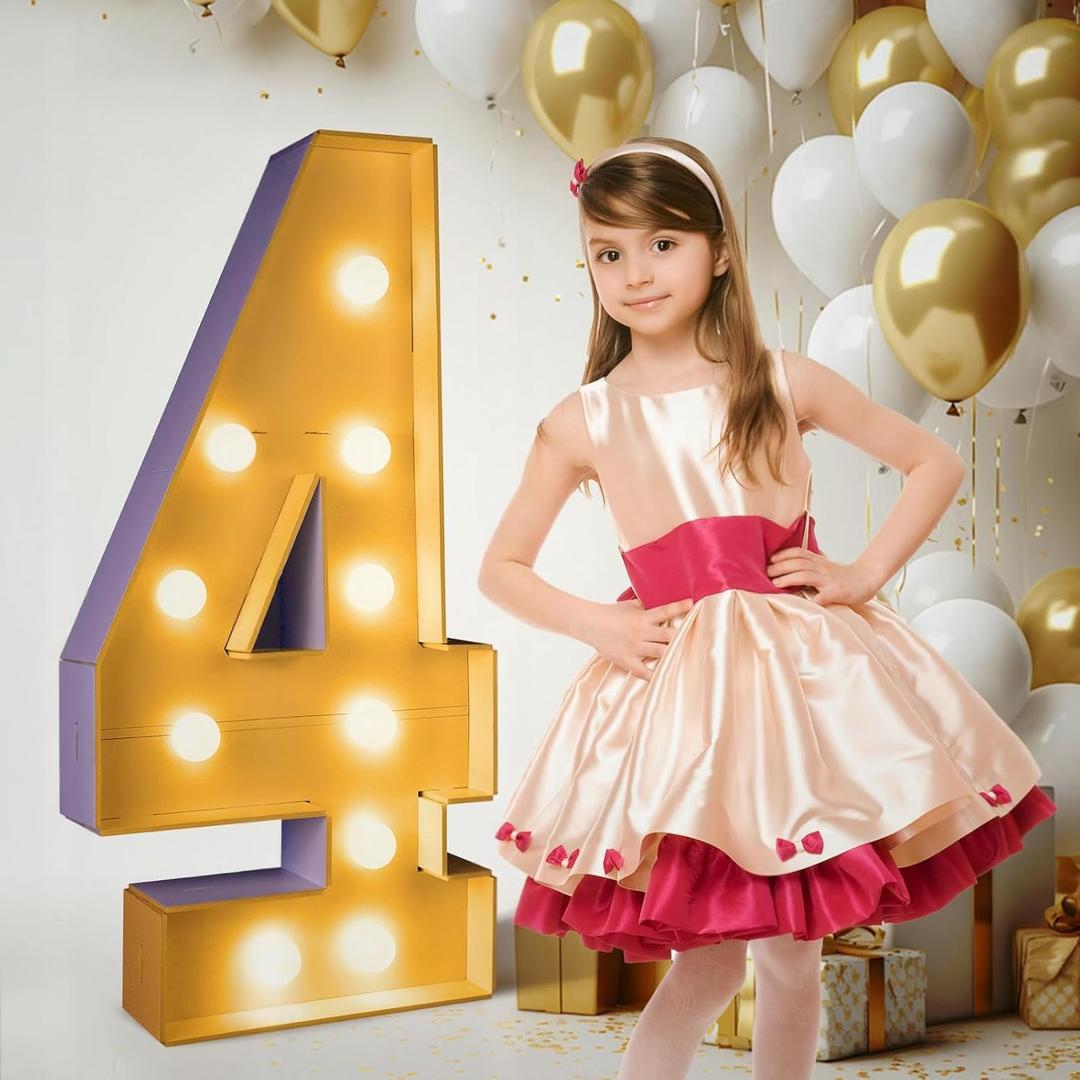 3FT/36 Inch Light Up Marquee Number 0-9, White Frame KT Board Plug-in KT Board With Bracket Warm LED Party Decorative Light Decoration For Birthday Party Anniversary (NUMBER 4)