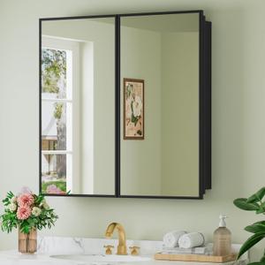 Buruis 30" x 30" Framed Medicine Cabinet with Mirror, Recessed or Wall Mounted Bathroom Cabinet, Adjustable Tempered Glass Shelves, Left/Right Open Reversible, No Assembly Required, Black
