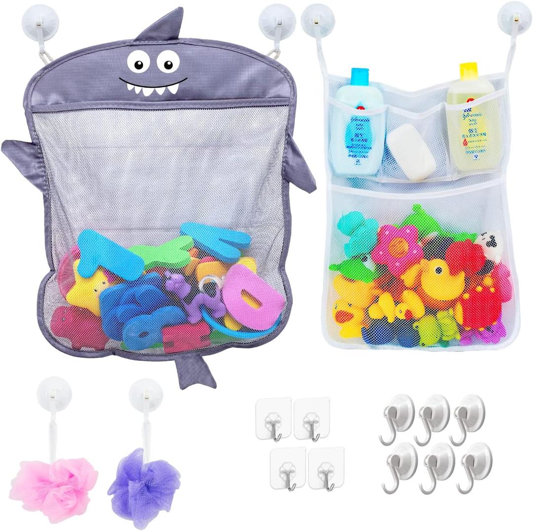 2 x Mesh Bath Toy Organizer + 6 Ultra Strong Hooks  The Perfect Bathtub Toy Holder & Bathroom or Shower Caddy  These Multi-use Net Bags Make Baby Bath Toy Storage Easy  For Kids & Toddlers (White and Shark)