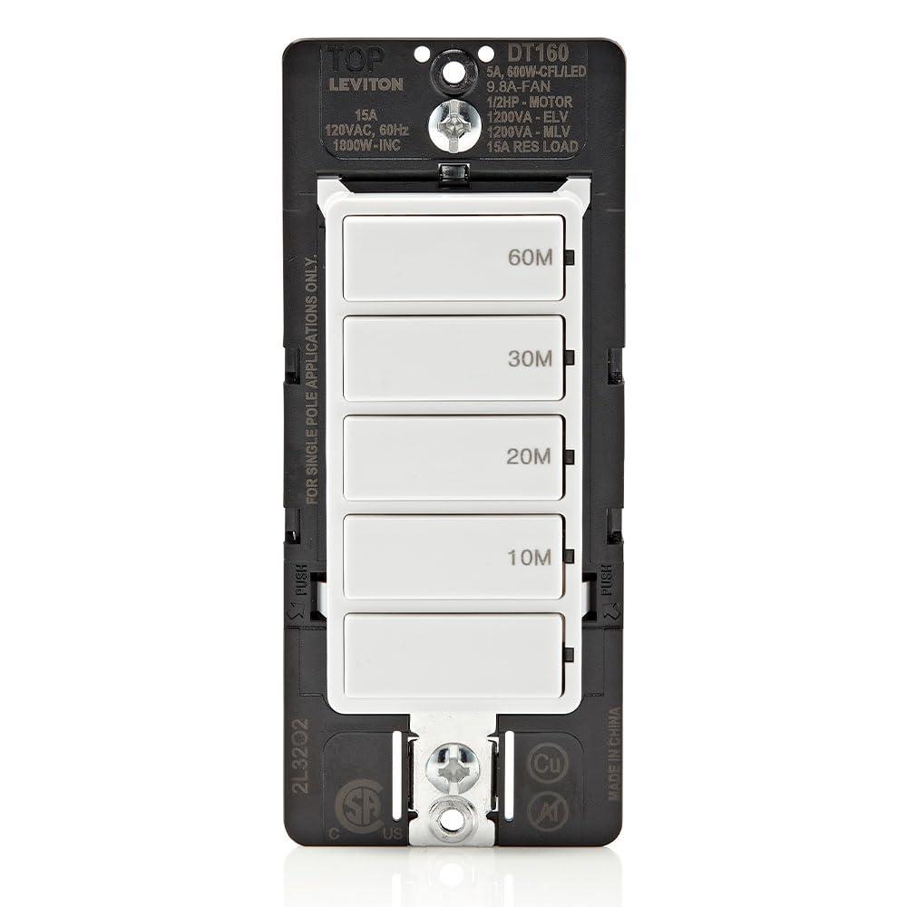 Leviton Countdown Timer Switch for bathroom fan and household lights, 10-20-30-60 min, No Neutral Required, Single Pole, 15A, 1/2HP/9.8A Fan/Motor, DT160-1LW, White