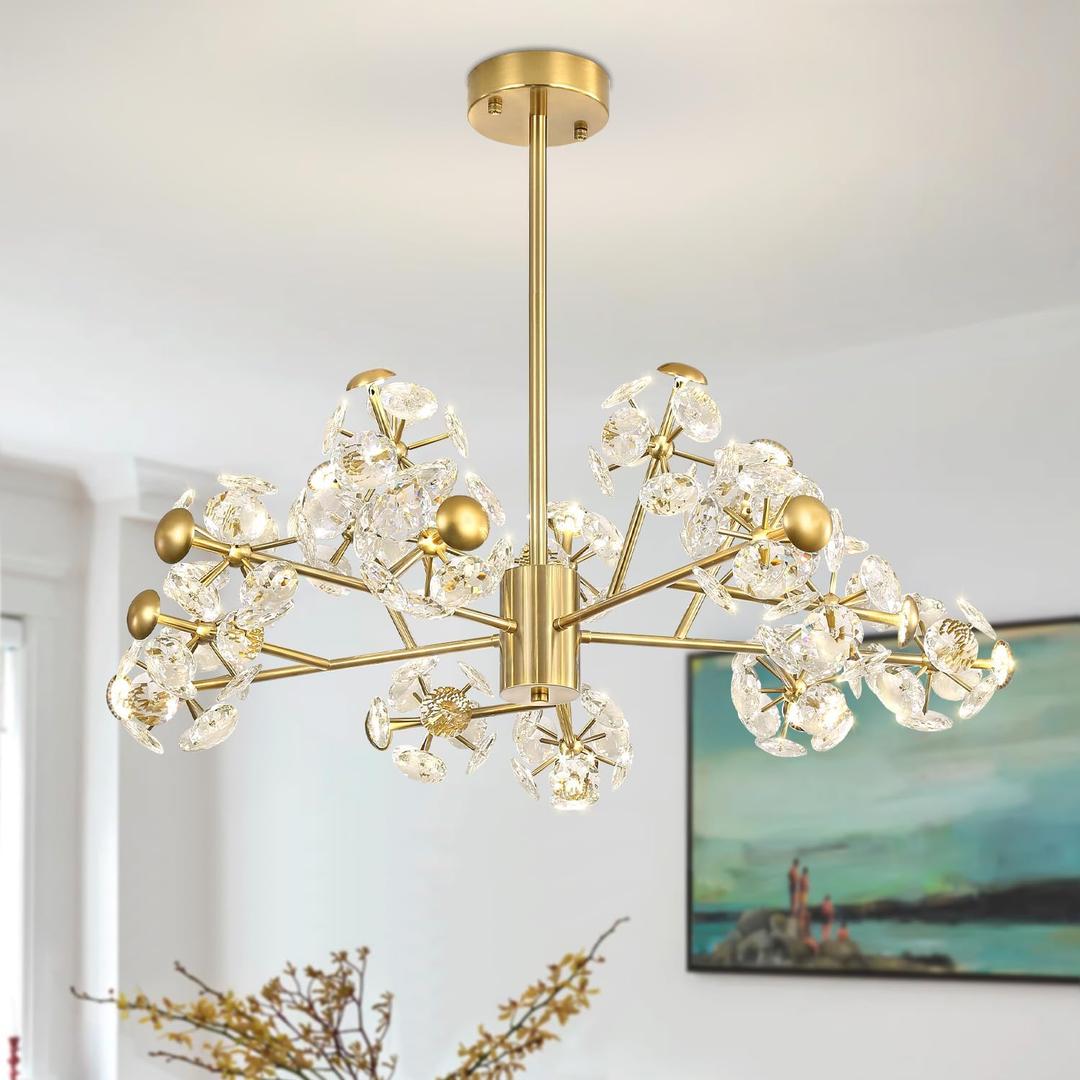 ykolupty Modern Sputnik Chandelier,Crystal Chandeliers,Flush Mount 15-Lights Gold Chandelier for Living Room Bedroom Dining Room Kitchen, Mid Century Chandeliers