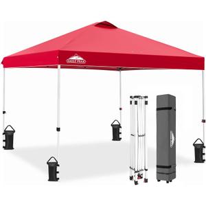 EAGLE PEAK Pop Up Canopy Tent with Wheeled Carry Bag, 8 Stakes, 4 Ropes, 4 Weight Bags, Easy Set Up Tent Canopy, 10x10 ft, 100sqft of Shade, Red