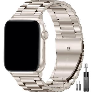 EPULY Compatible with Apple Watch Band, Business Stainless Steel Metal Watchband for iWatch Strap Ultra SE Series 8 7 6 5 4 3 2 1 Men, Starlight, 45mm 44mm 42mm 49mm 46mm (series 11 10)