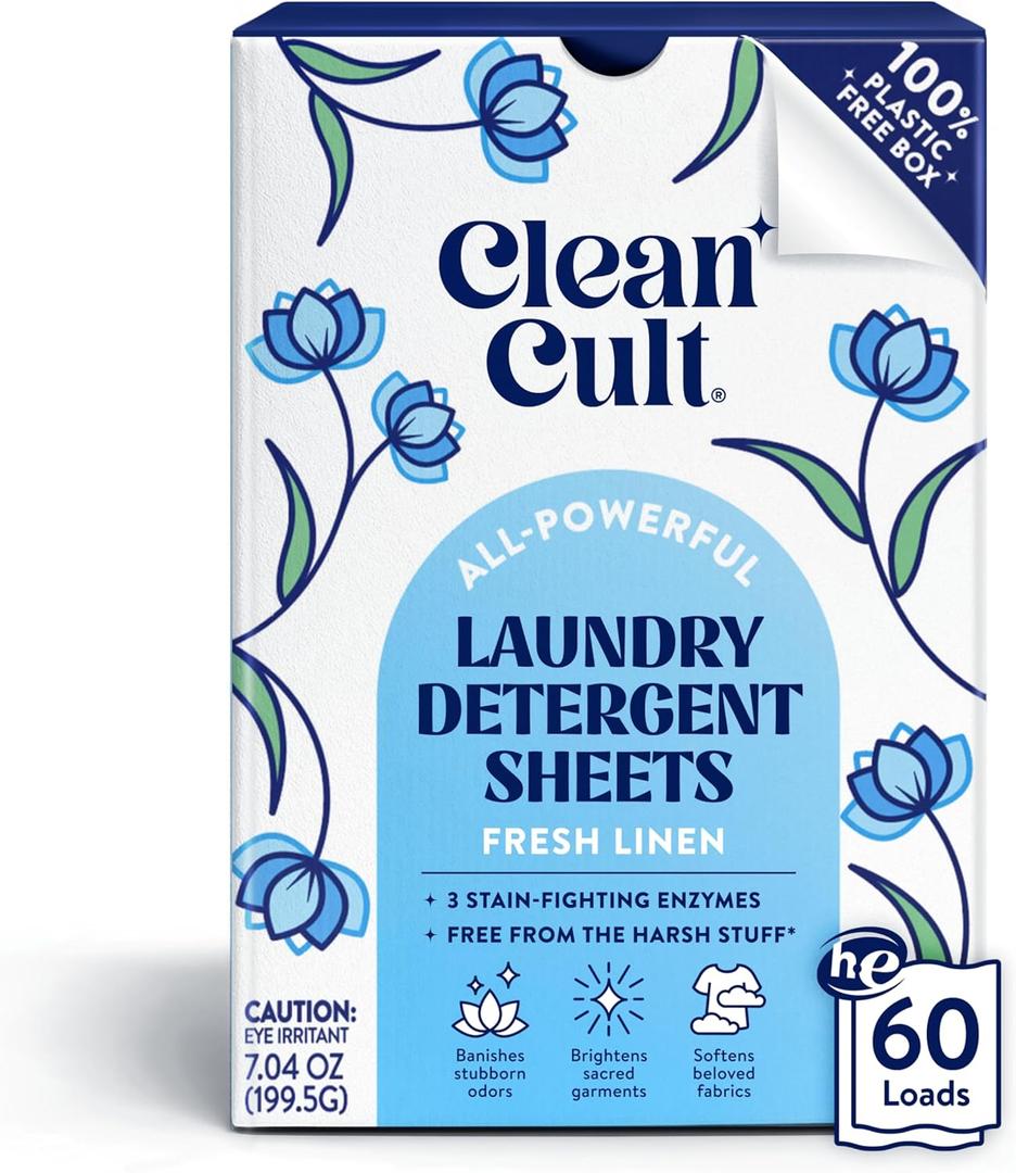 Cleancult Laundry Detergent Sheets - Resealable Box - 3 Stain Fighting Enzymes - Fresh Linen - 60 Loads - Free of Harsh Chemicals - No Mess - No Plastic Waste (60 Count (Pack of 1))