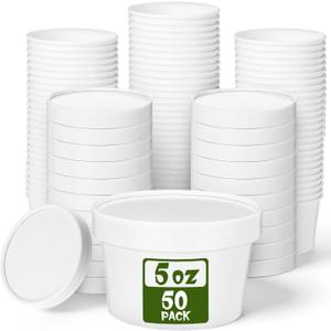 Fulmoon 50 Pack 5 oz Paper Soup Containers with Lids, Disposable Kraft Paper Soup Cups Ice Cream Bowls Food Storage with Lids, Microwavable and Freezer Safe(White)