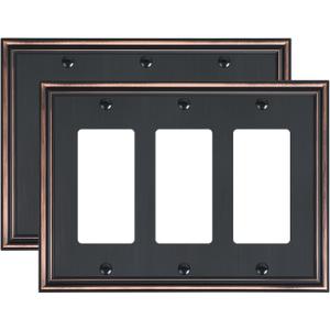 2-Pack Decorative Tripple Decorator Outlet Cover Plate, Durable Zinc Alloy Aged Bronze Wall Plates for Electrical Outlets, Receptacle, GFCI Outlet, Dimmer Switch, 3-Gang, Corrosion Resistant