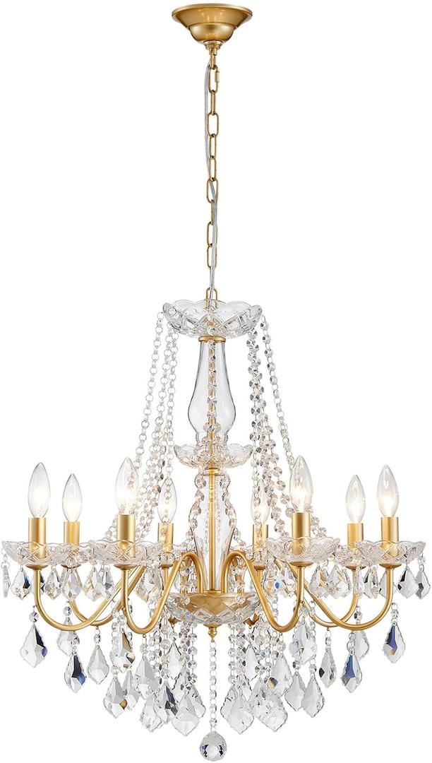 Gold Crystal Chandelier, 8-Light Crystal Chandeliers for Dining Room Light Fixture, Crystal Pendant Ceiling Light Modern Gold Lighting Fixture for Living Room Hallway Foyer Bedroom Kitchen Bathroom (25.8" High 26.4" Wide)