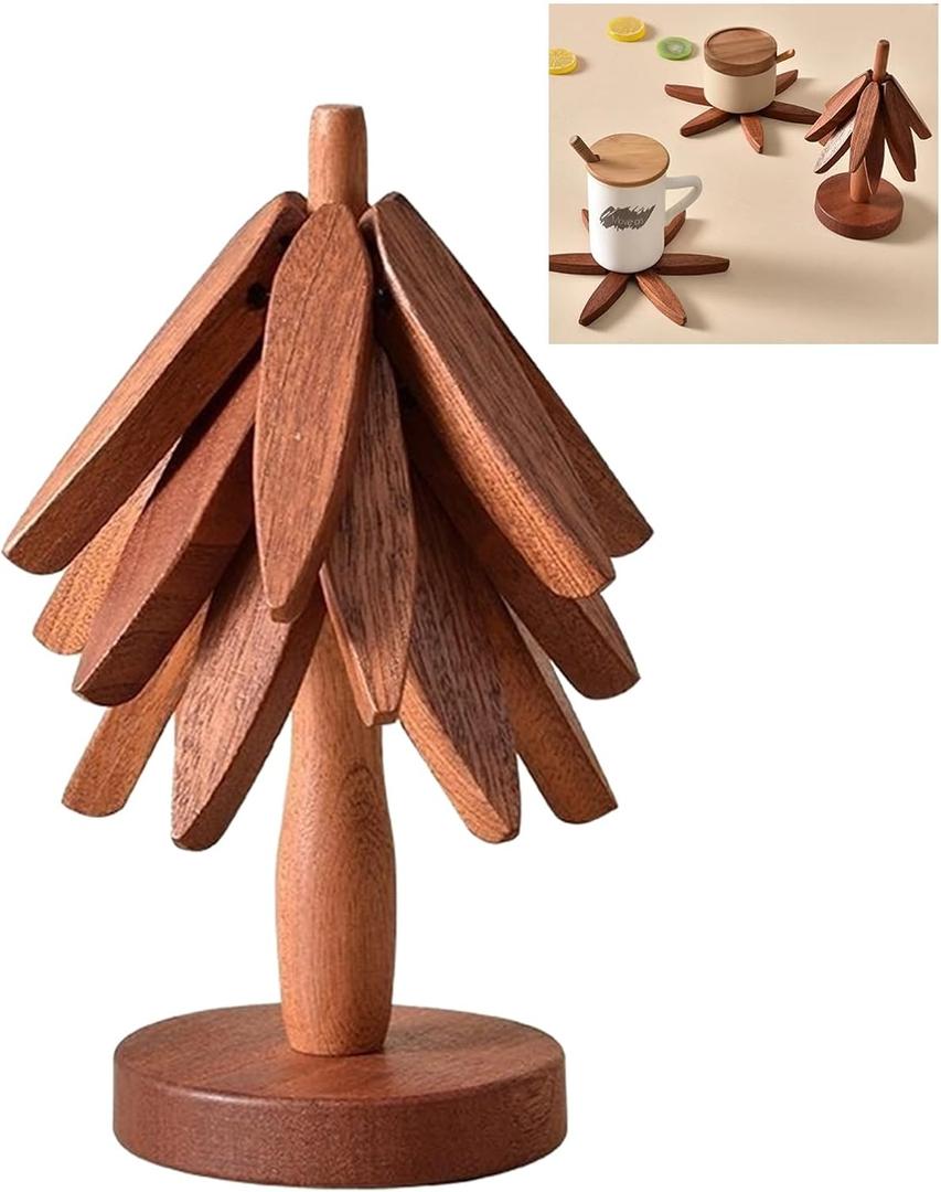 Walnut Tree Table Mat,Wooden Table Mat Tree,Foldable Trivets for Hot Dishes,Non-Slip Heat Insulated Folding Wood Table Plate Mat (Walnut)