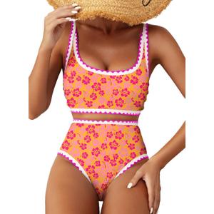 Herseas Women's Bikini Sets Floral Print Whip Stitch 2 Piece Swimsuits High Waisted Scoop Bathing Suits (Large)